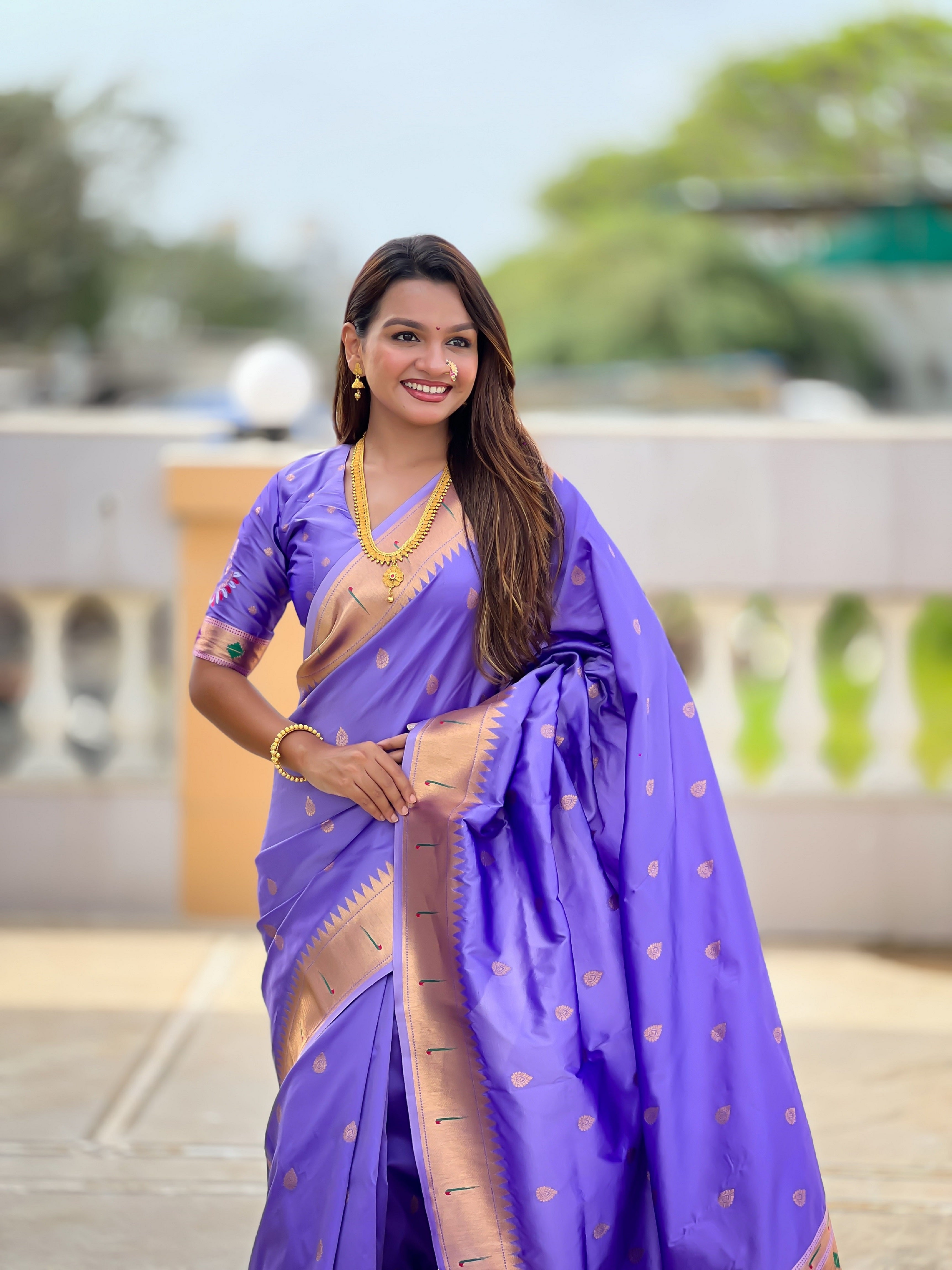 Vedant Vastram Soft Litchi Silk Paithani Jacquard Saree - Lavender | Grocsy