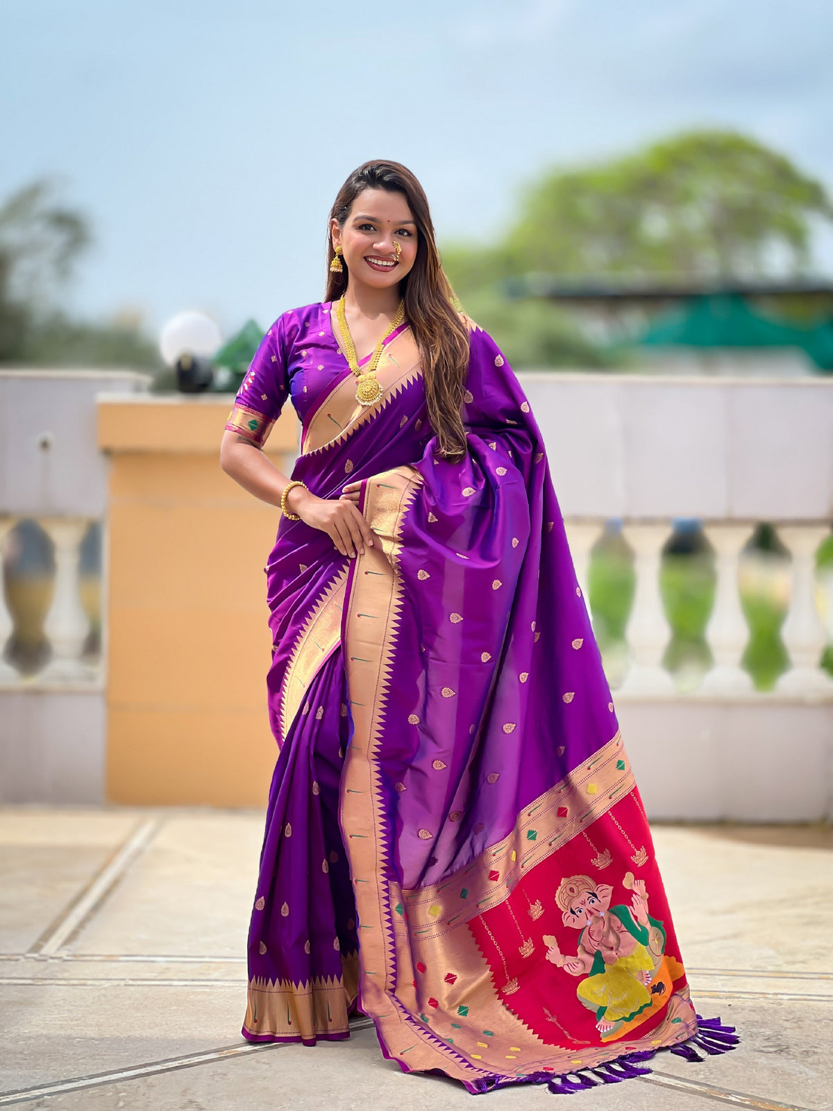 Vedant Vastram Soft Litchi Silk Paithani Jacquard Saree - Purple | Grocsy