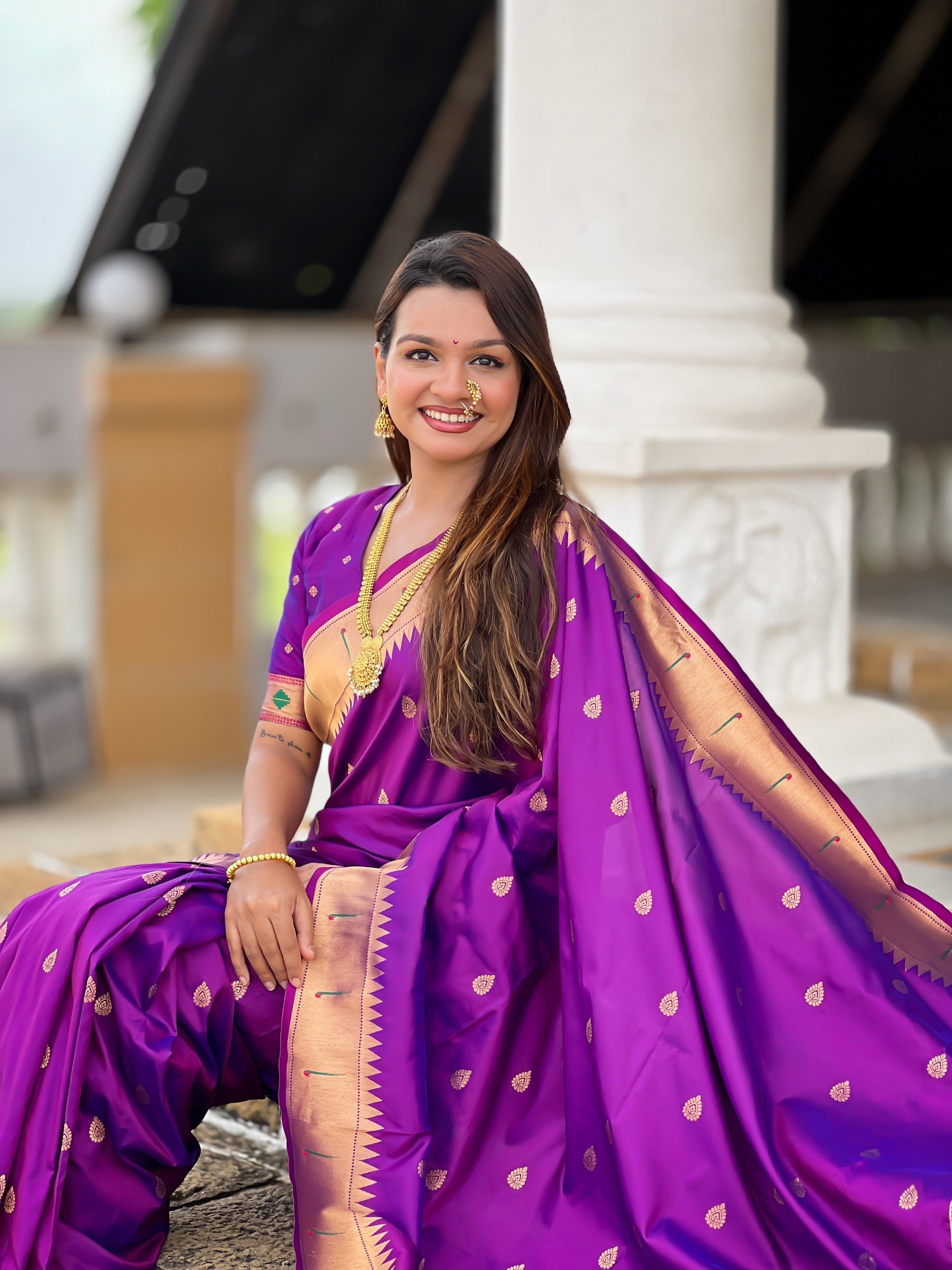 Vedant Vastram Soft Litchi Silk Paithani Jacquard Saree - Purple | Grocsy