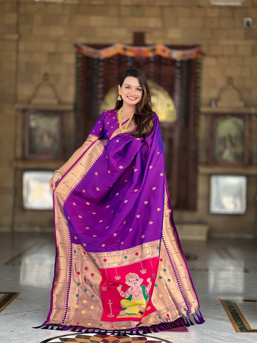 Vedant Vastram Soft Litchi Silk Paithani Jacquard Saree - Purple | Grocsy