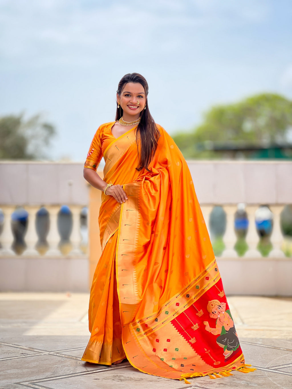 Vedant Vastram Soft Litchi Silk Paithani Jacquard Saree - Mustard | Grocsy