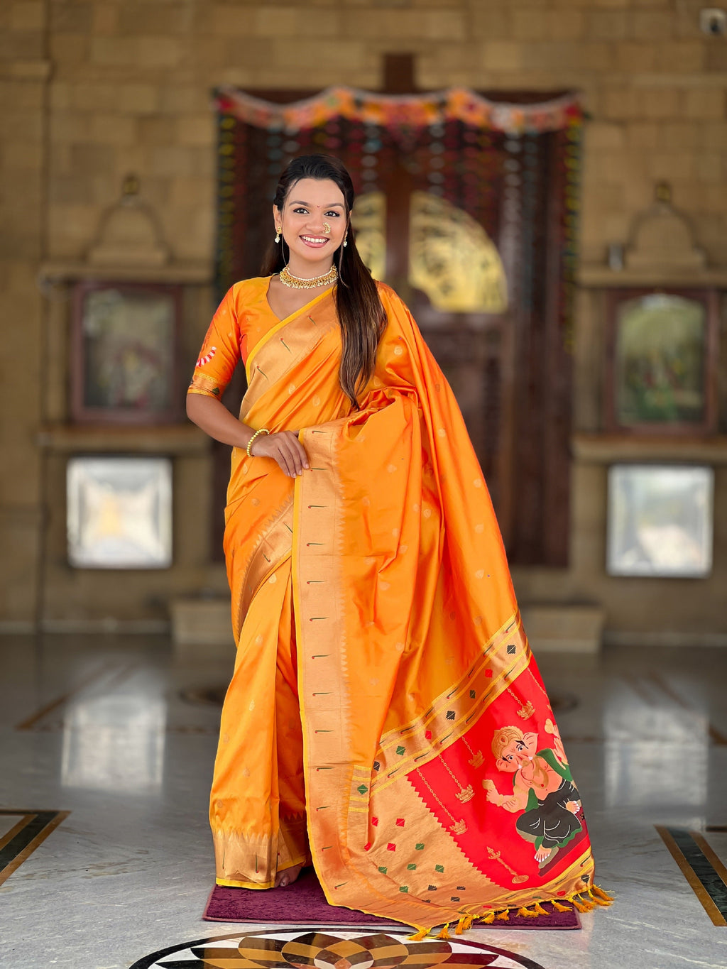 Vedant Vastram Soft Litchi Silk Paithani Jacquard Saree - Mustard | Grocsy