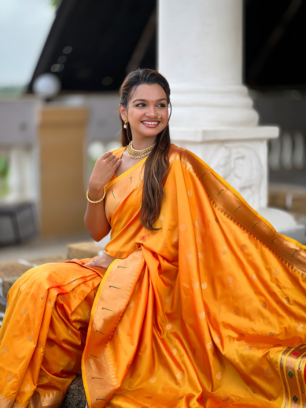 Vedant Vastram Soft Litchi Silk Paithani Jacquard Saree - Mustard | Grocsy