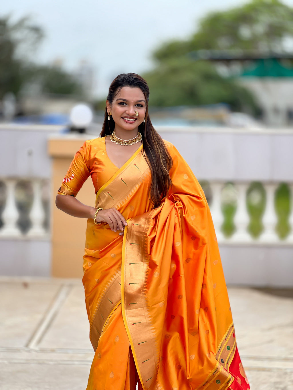 Vedant Vastram Soft Litchi Silk Paithani Jacquard Saree - Mustard | Grocsy