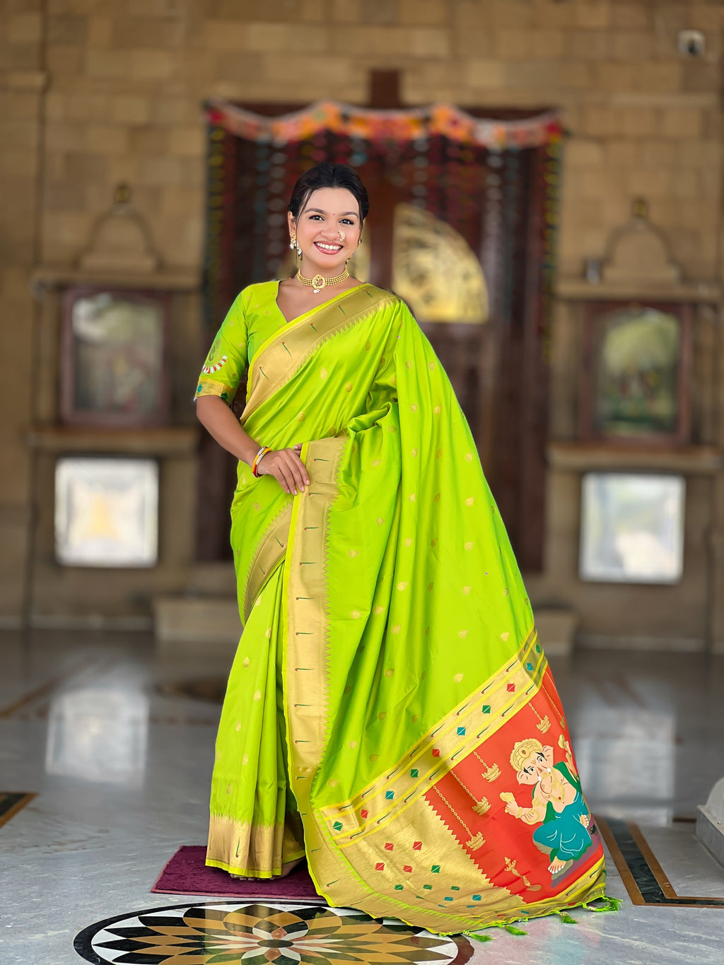 Vedant Vastram Soft Litchi Silk Paithani Jacquard Saree - Parrot | Grocsy