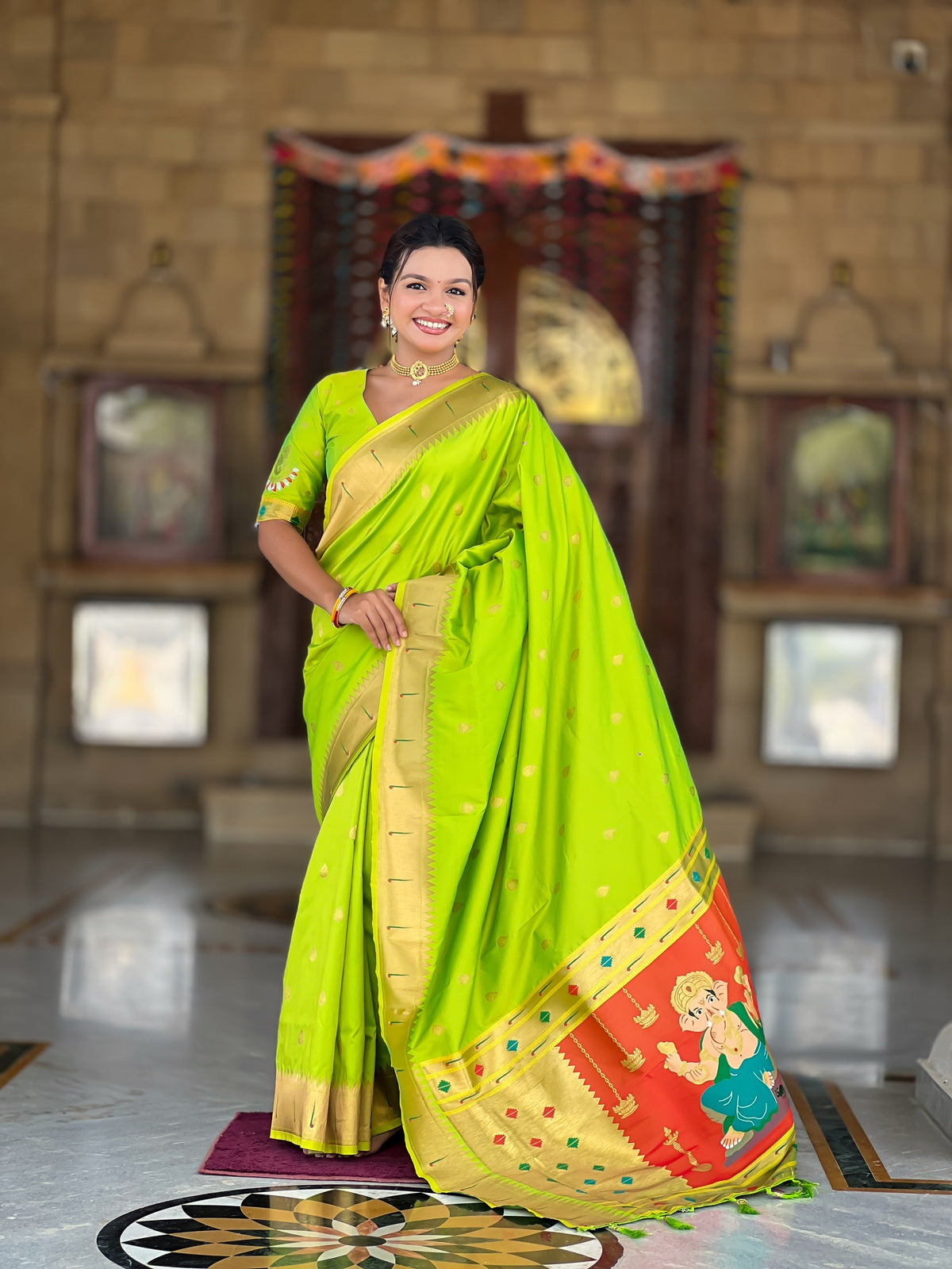 Vedant Vastram Soft Litchi Silk Paithani Jacquard Saree - Parrot | Grocsy