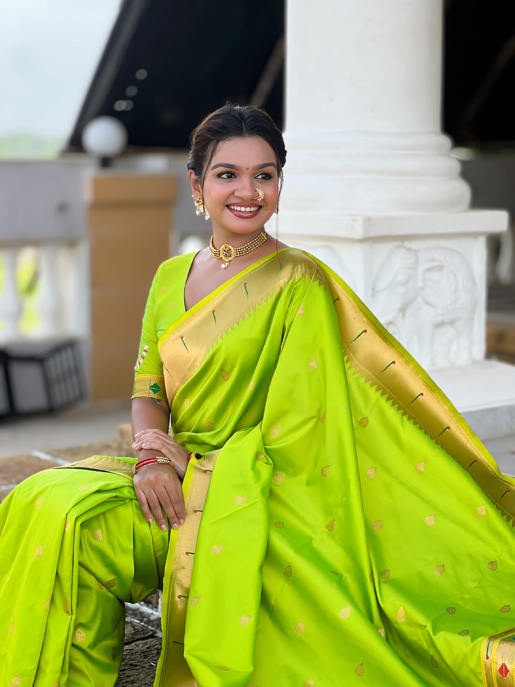 Vedant Vastram Soft Litchi Silk Paithani Jacquard Saree - Parrot | Grocsy
