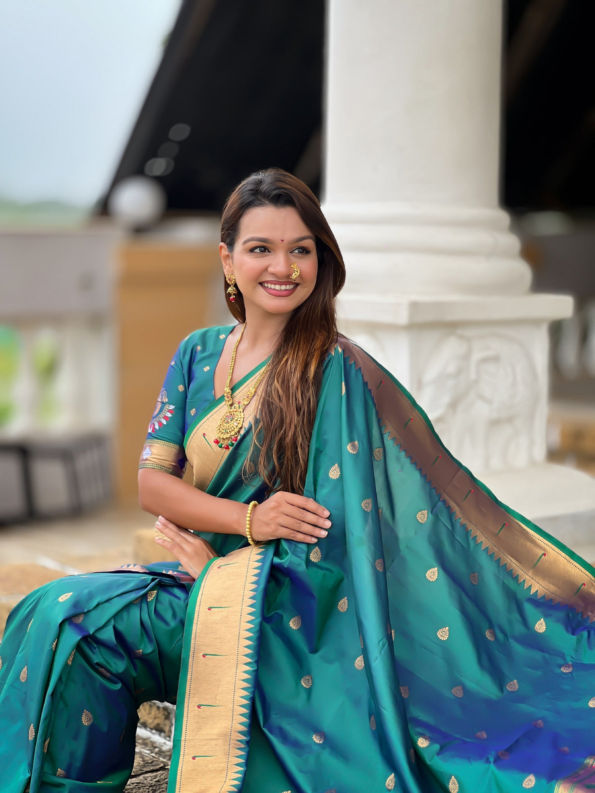 Vedant Vastram Soft Litchi Silk Paithani Jacquard Saree - Rama | Grocsy
