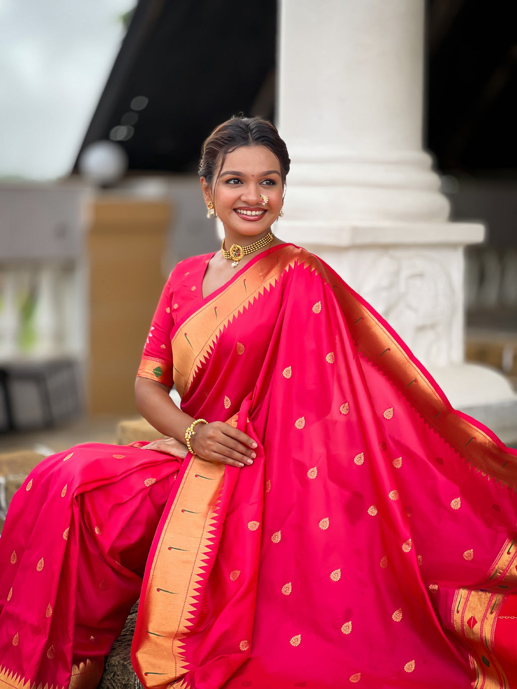 Vedant Vastram Soft Litchi Silk Paithani Jacquard Saree - Pink | Grocsy