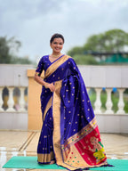 Vedant Vastram Soft Litchi Silk Paithani Jacquard Saree - Blue | Grocsy