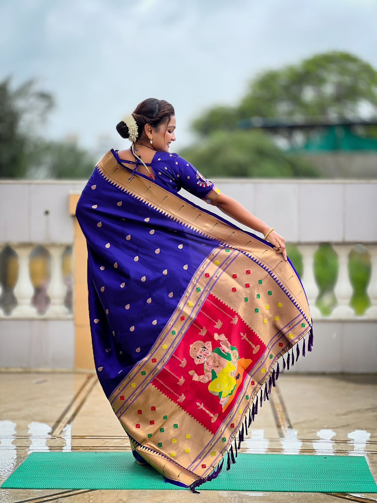 Vedant Vastram Soft Litchi Silk Paithani Jacquard Saree - Blue | Grocsy