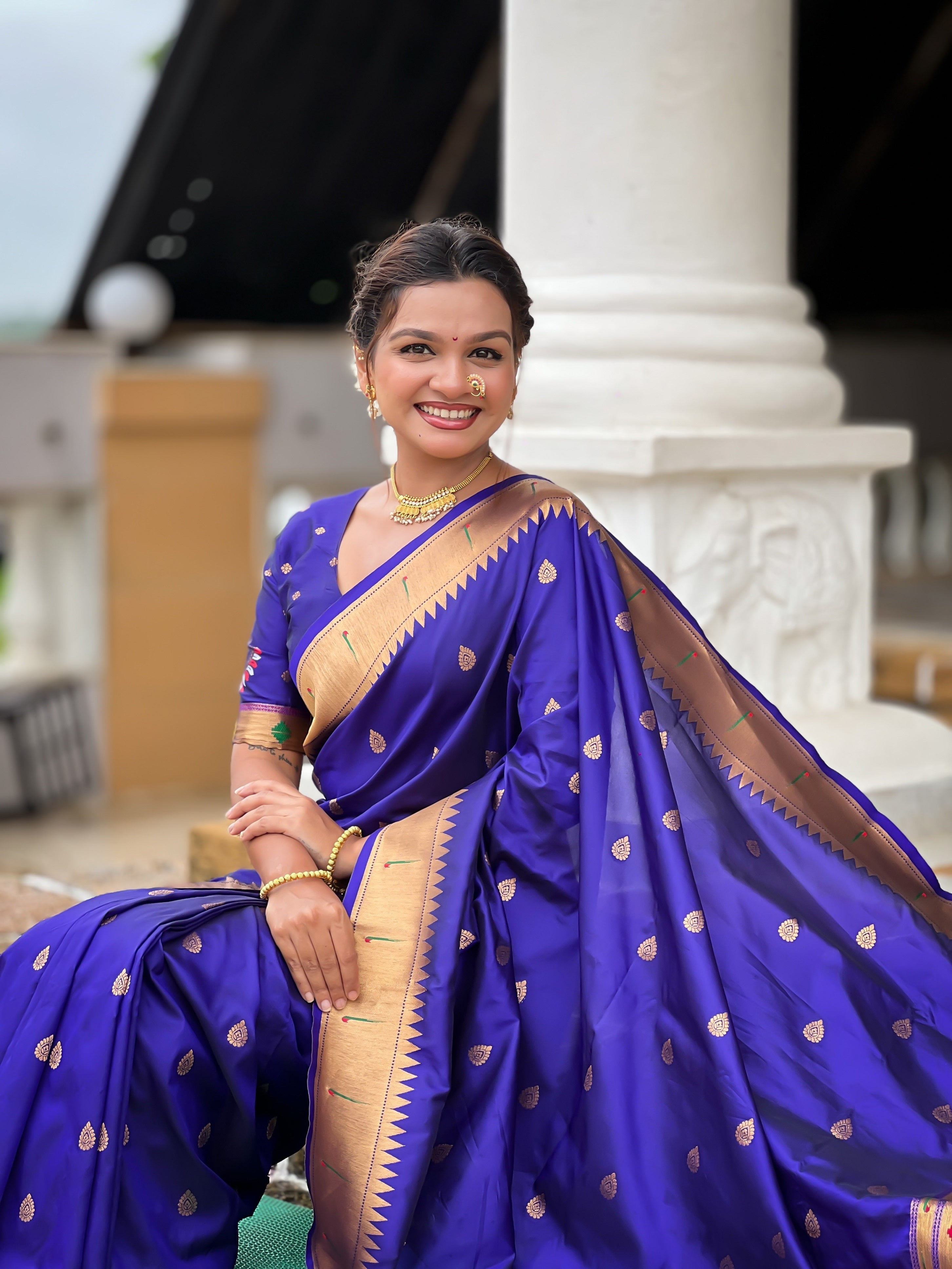 Vedant Vastram Soft Litchi Silk Paithani Jacquard Saree - Blue | Grocsy