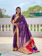 Vedant Vastram Soft Litchi Silk Paithani Jacquard Saree - Wine | Grocsy