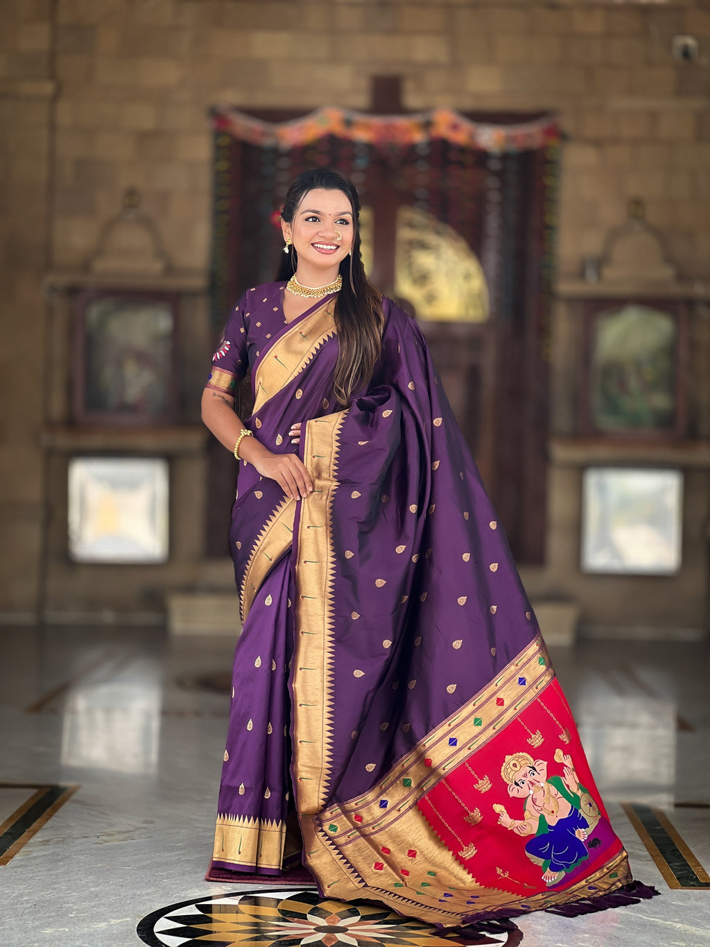 Vedant Vastram Soft Litchi Silk Paithani Jacquard Saree - Wine | Grocsy
