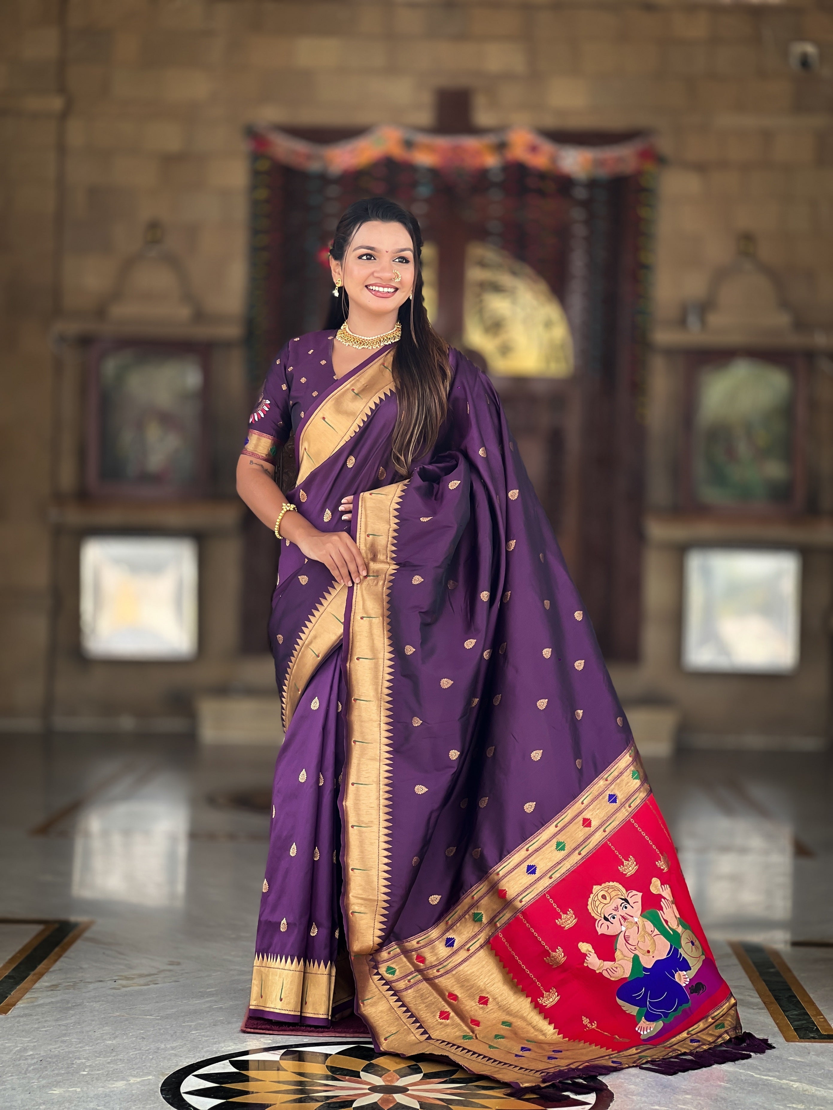 Vedant Vastram Soft Litchi Silk Paithani Jacquard Saree - Wine | Grocsy