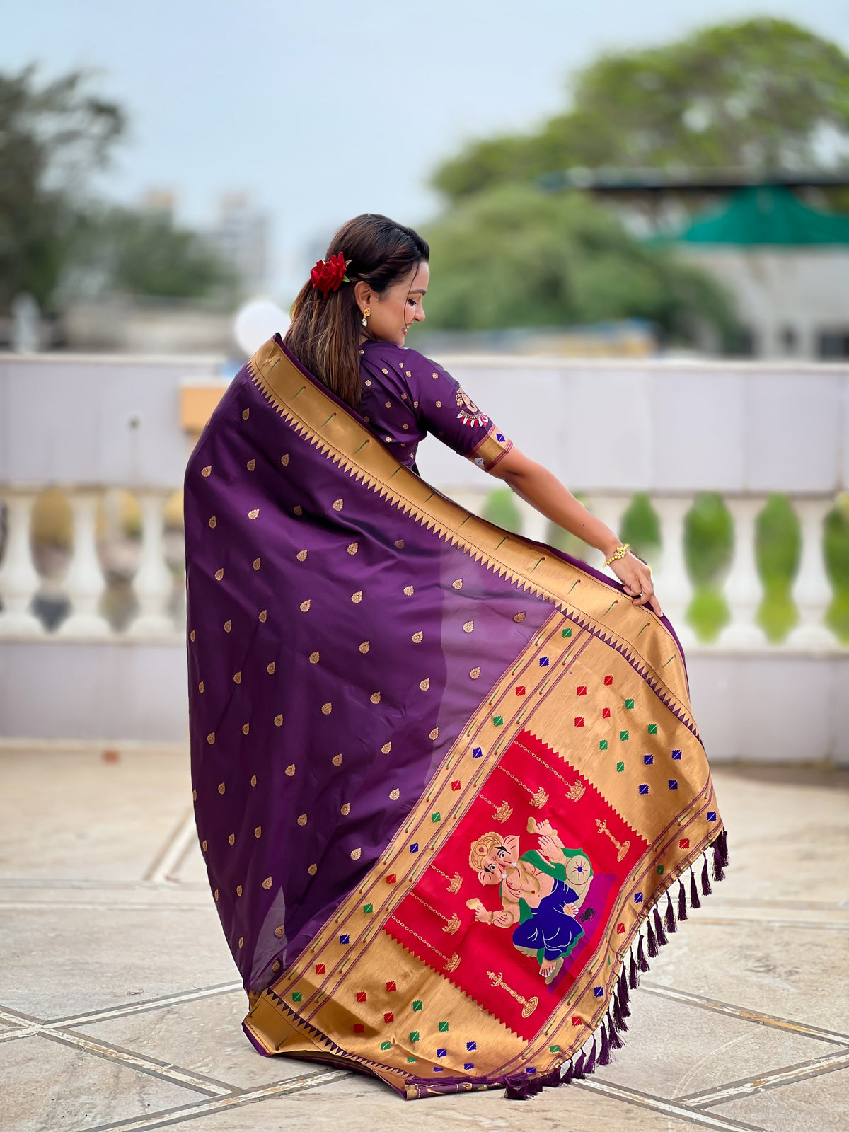Vedant Vastram Soft Litchi Silk Paithani Jacquard Saree - Wine | Grocsy