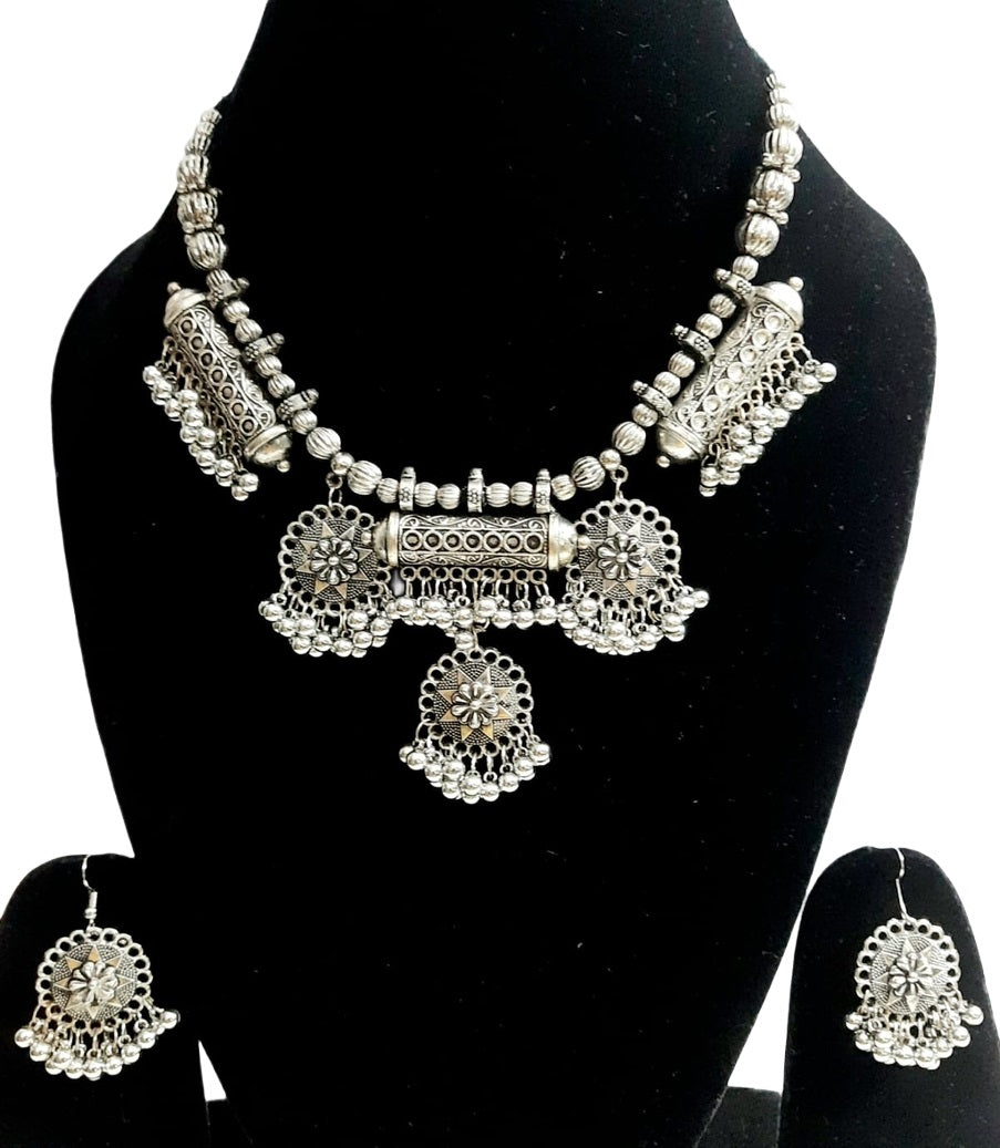 Elite Trading Oxidised Garba Dance Jewelry Set – Traditional Navratri Necklace with Matching Earrings for Women | Grocsy