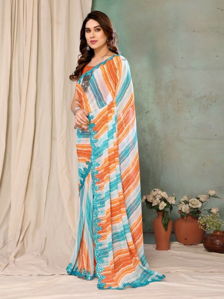 Aafreen Partywear Designer Orange & Blue Georgette Fancy Saree | Grocsy