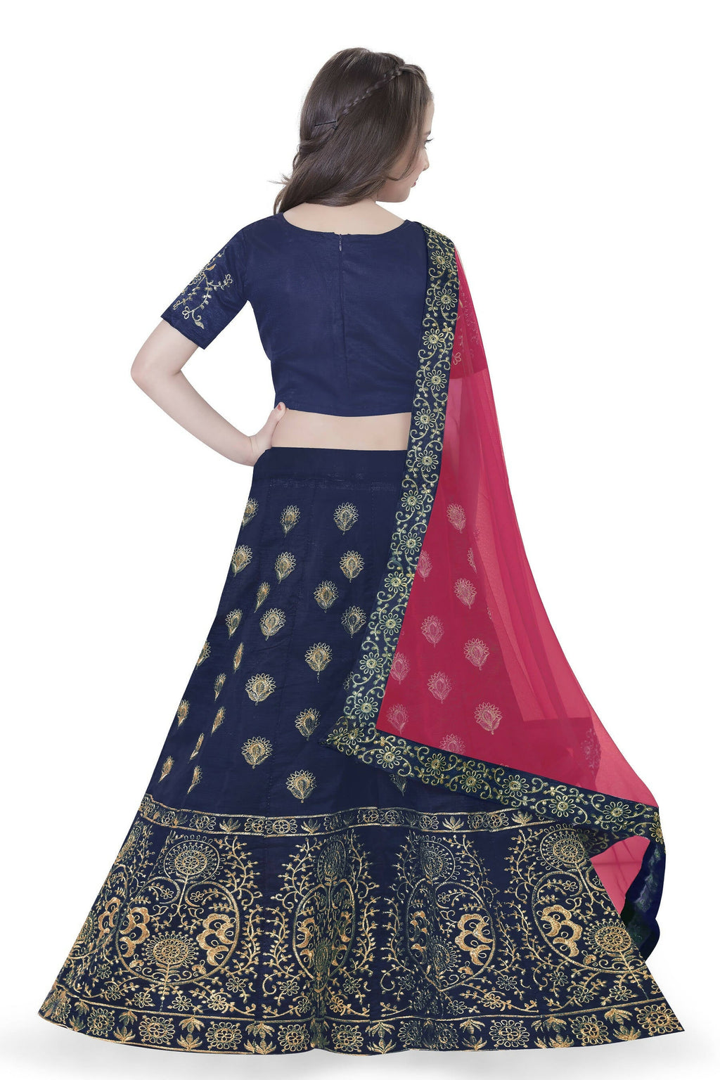 Dwiden Navy Blue Gulab Tafetta Sattin Semi-Stitched Girl's Lehenga Choli | Grocsy