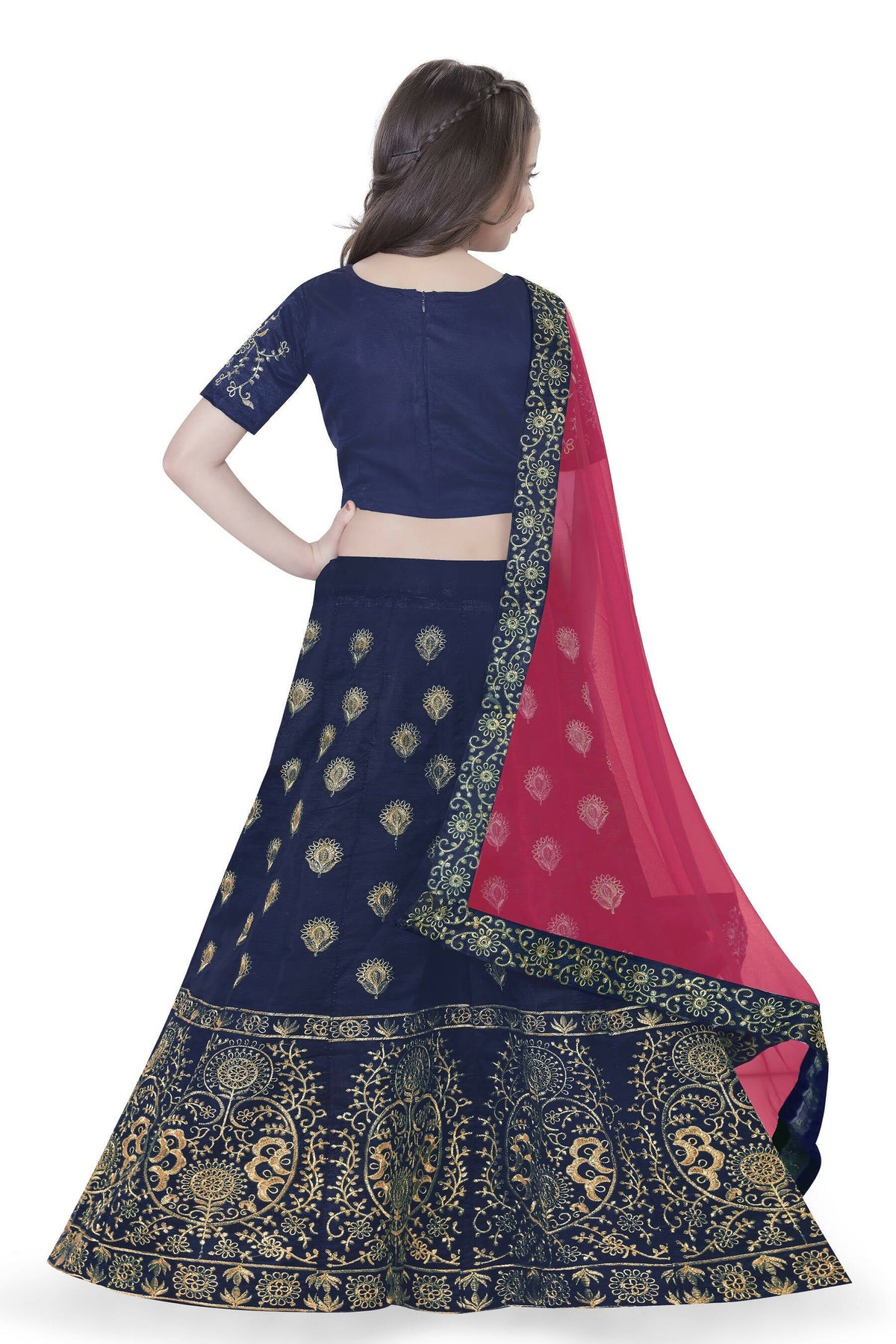 Dwiden Navy Blue Gulab Tafetta Sattin Semi-Stitched Girl's Lehenga Choli | Grocsy