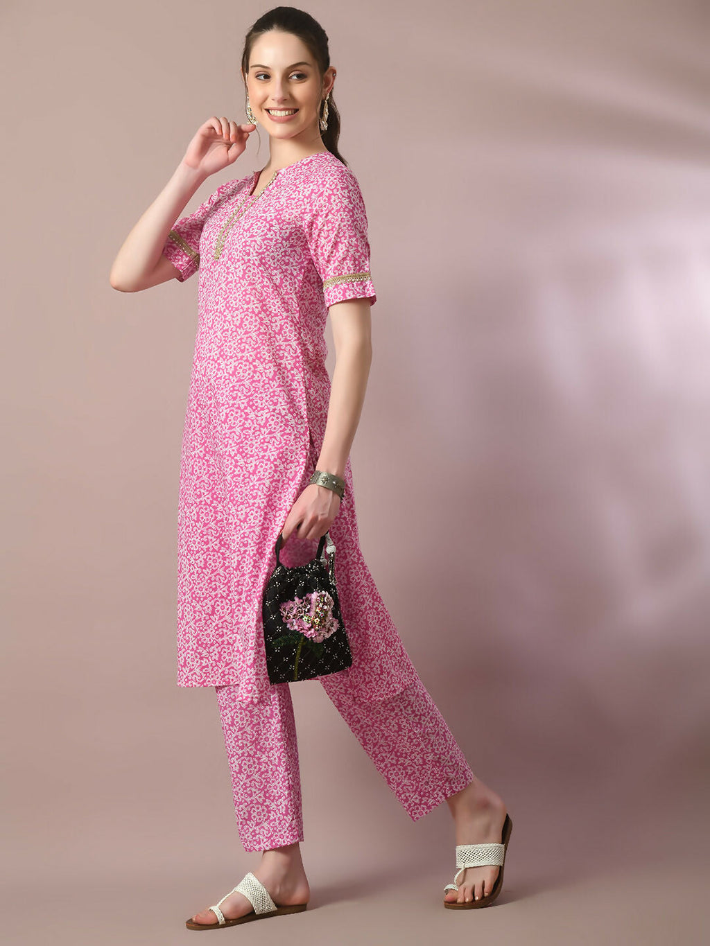 Myshka Women's Pink Printed Cotton Straight Party Kurta Set | Grocsy