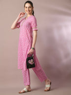 Myshka Women's Pink Printed Cotton Straight Party Kurta Set | Grocsy