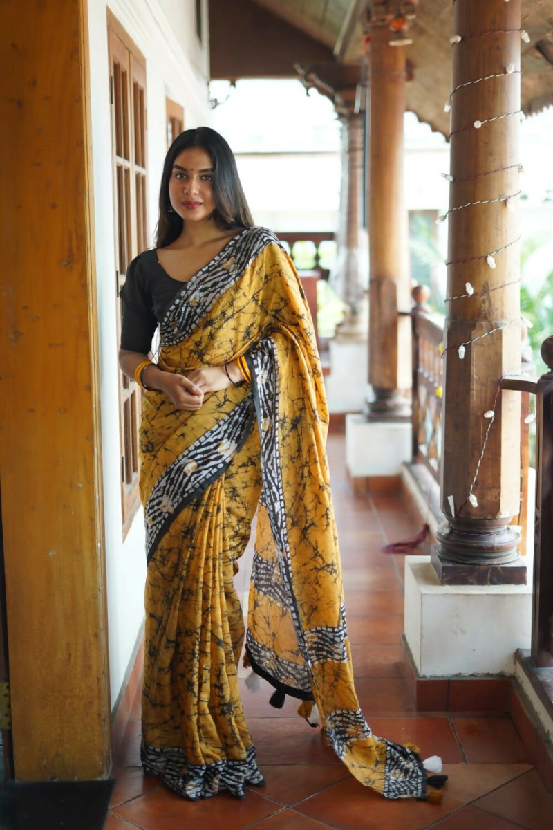 Arfa Fashion House Mustered Combination Pure Chanderi Cotton Batik Printed Saree | Grocsy