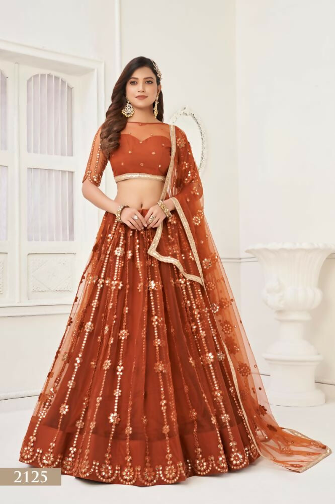 Aastha Fashion Brown Butterfly Net Tone To Tone Thread Work And Mirror Work Embroidery Wedding Wear Lehenga Choli | Grocsy