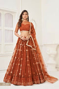 Aastha Fashion Brown Butterfly Net Tone To Tone Thread Work And Mirror Work Embroidery Wedding Wear Lehenga Choli | Grocsy