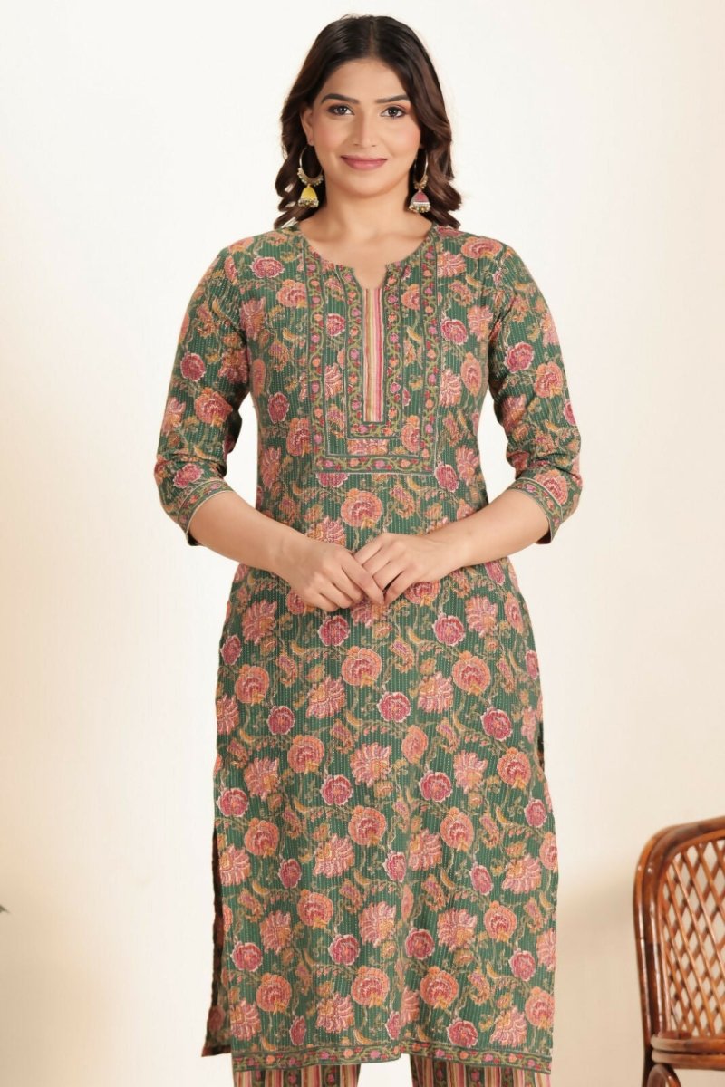 Aramya Green Kantha Cotton Floral Straight Kurta for Women | Grocsy