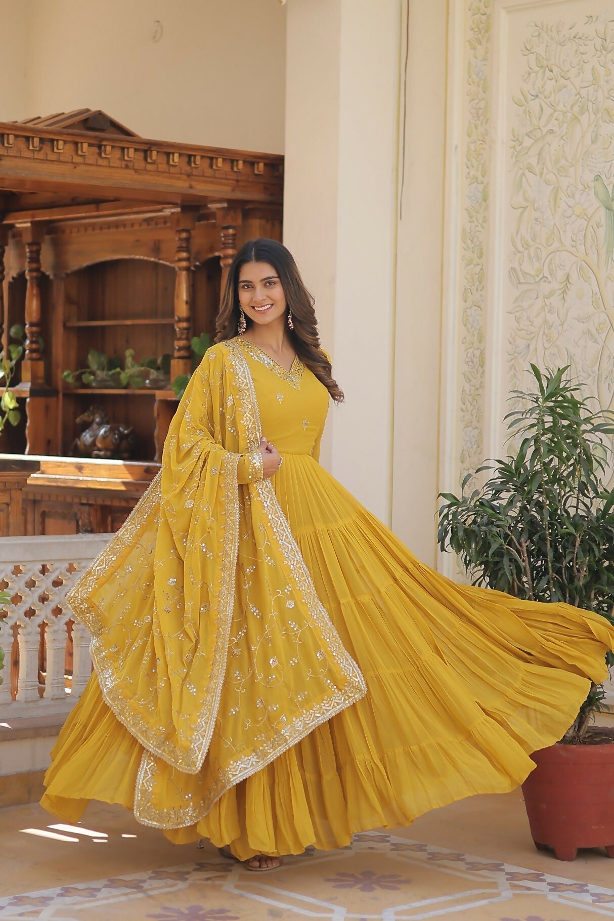 Joban Fashion Yellow Georgette Sequence Embroidery Work Kurta Set | Grocsy