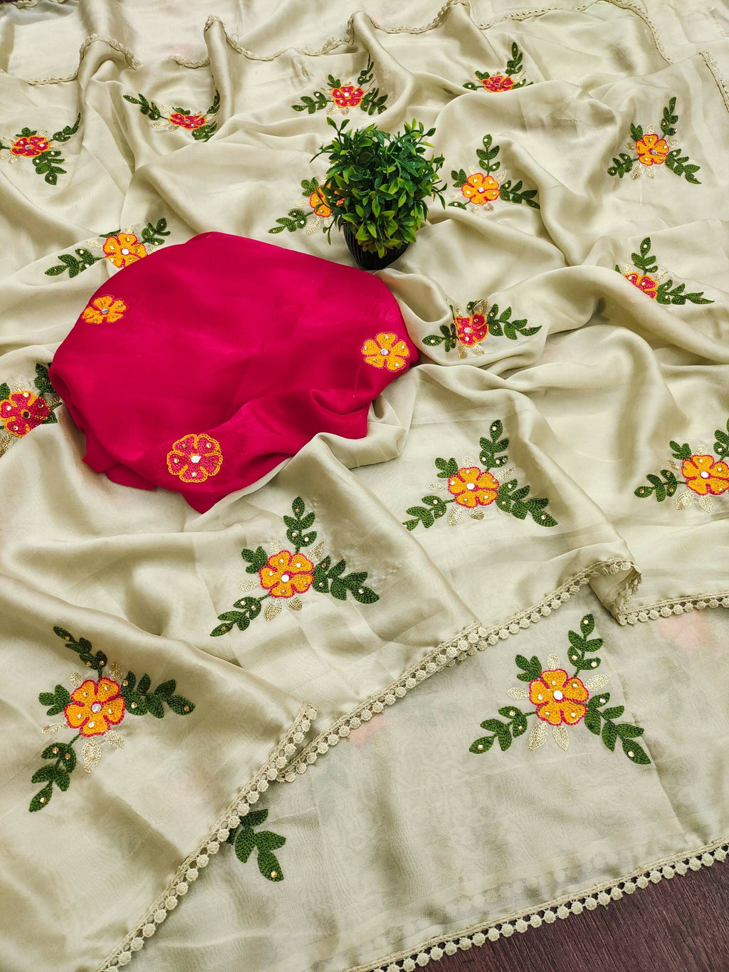 Teeya Creation Cream Rangoli Silk Embroidery Work Party Wear Designer Saree | Grocsy