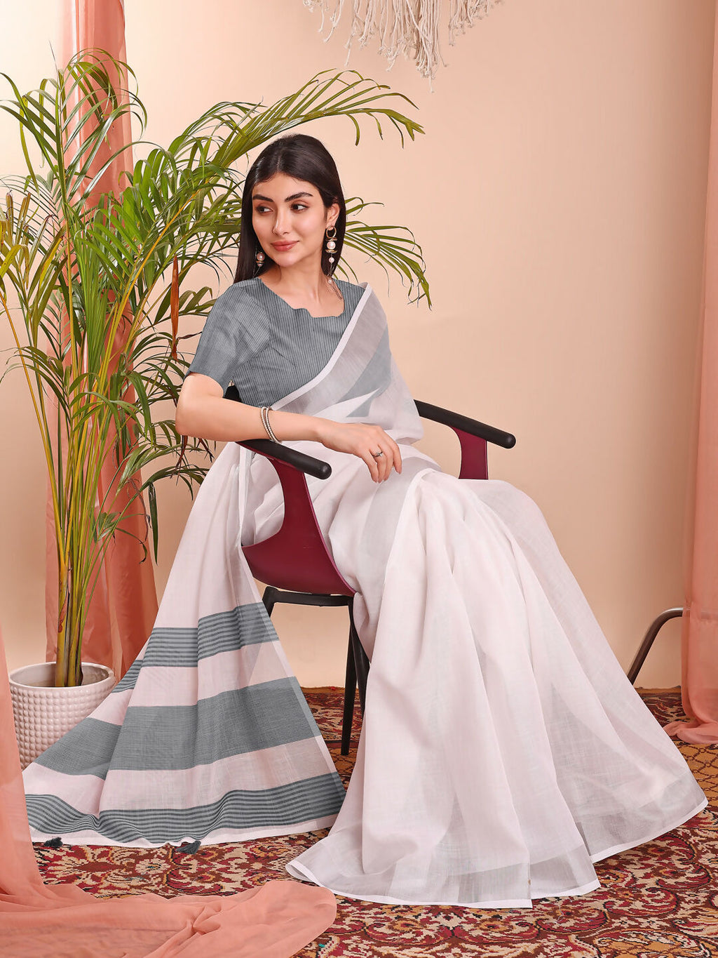 Shree Shyam Fashion The White Loom White Linen Cotton Saree | Grocsy