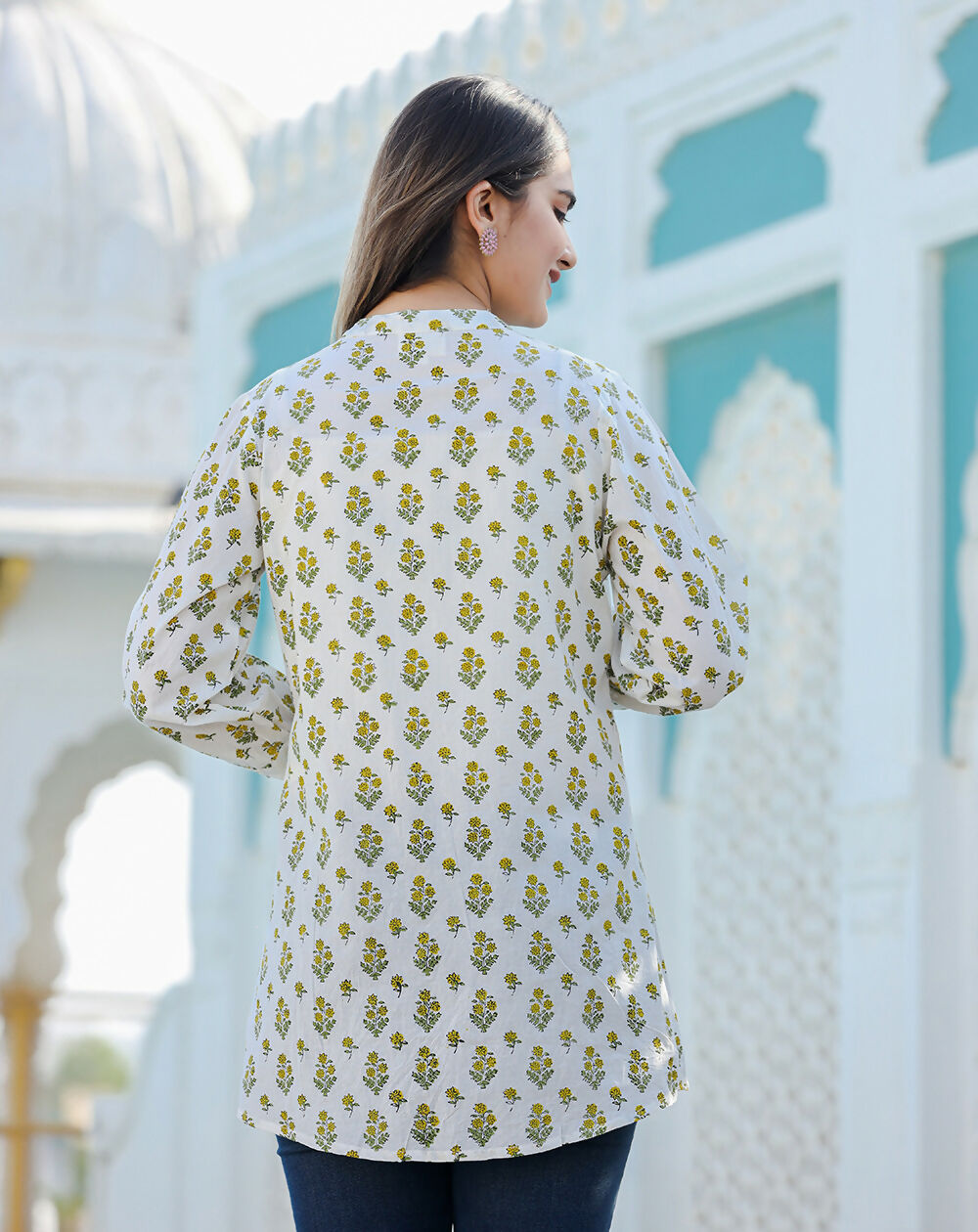 Kaajh Women's Yellow-White Floral Hand Block Printed Cotton Top | Grocsy