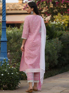 Juniper Women's Pink Cambric Floral Print Kurta Straight Pant And Duptta Sets | Grocsy
