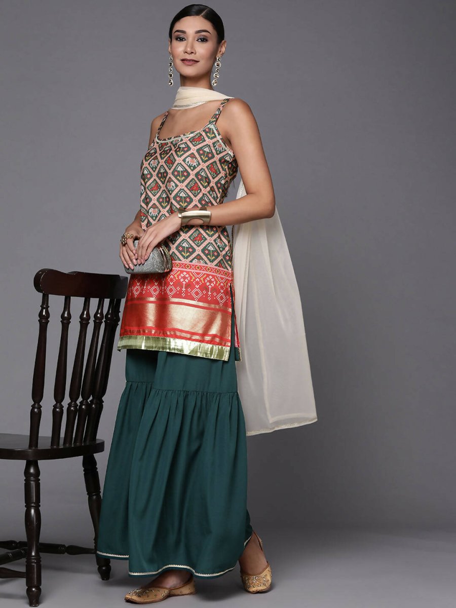 Ahalyaa Women Green & Red Ethnic Motifs Print Kurti with Sharara & Dupatta | Grocsy