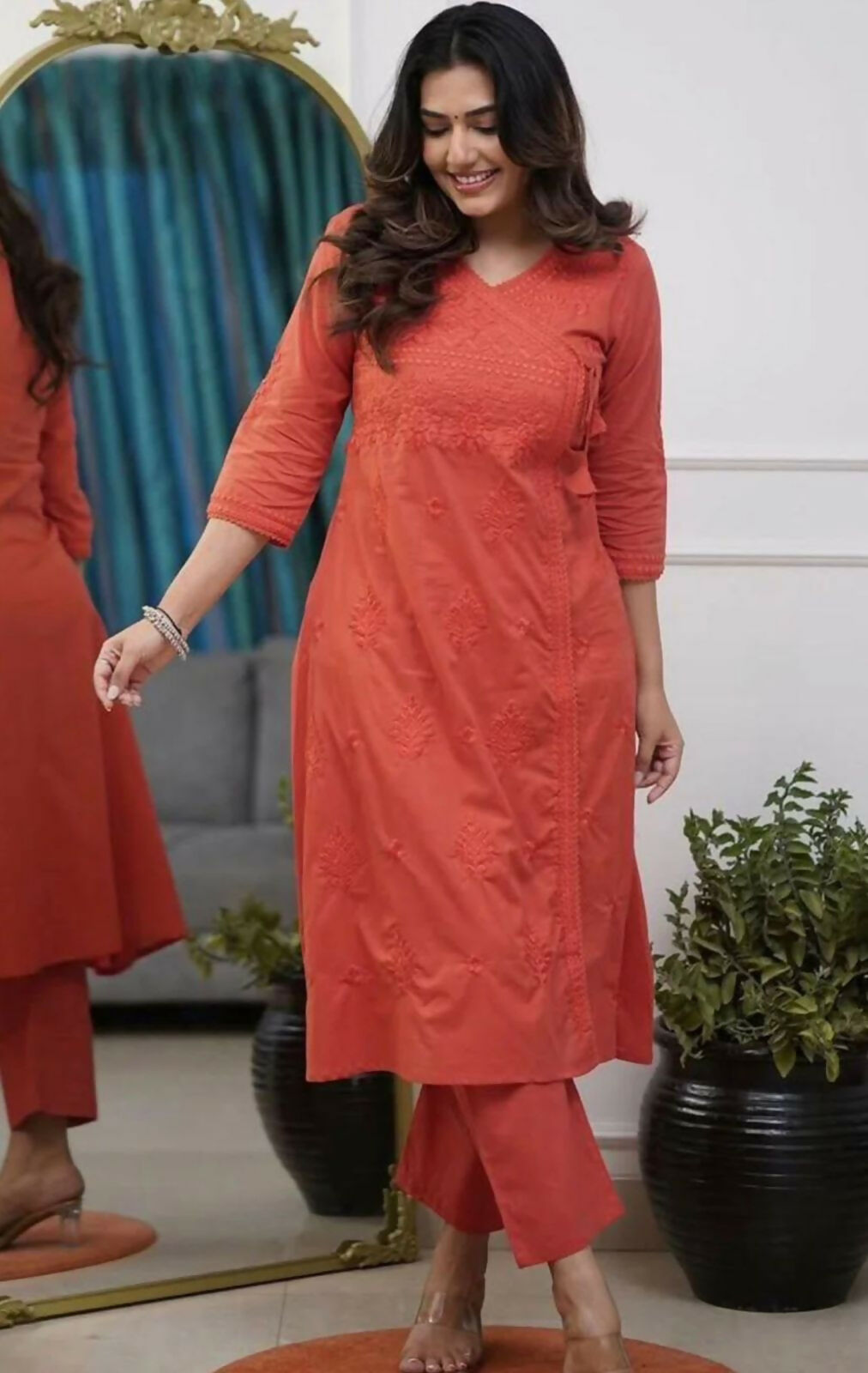 Miravan Womens Rust Floral Printed Angrakha Style Kurta With Palazzo | Grocsy