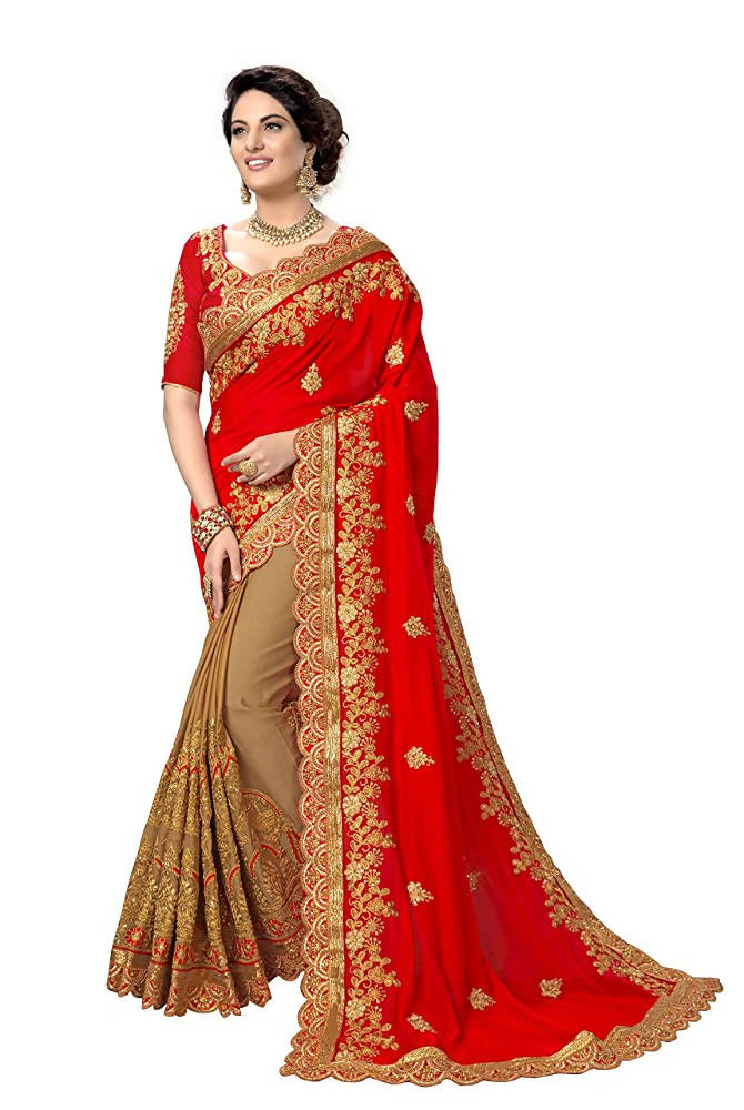 Sarvadarshi Fashion Women's Red Fabric Silk Heavy Work Embroidery Saree With Blouse Piece | Grocsy