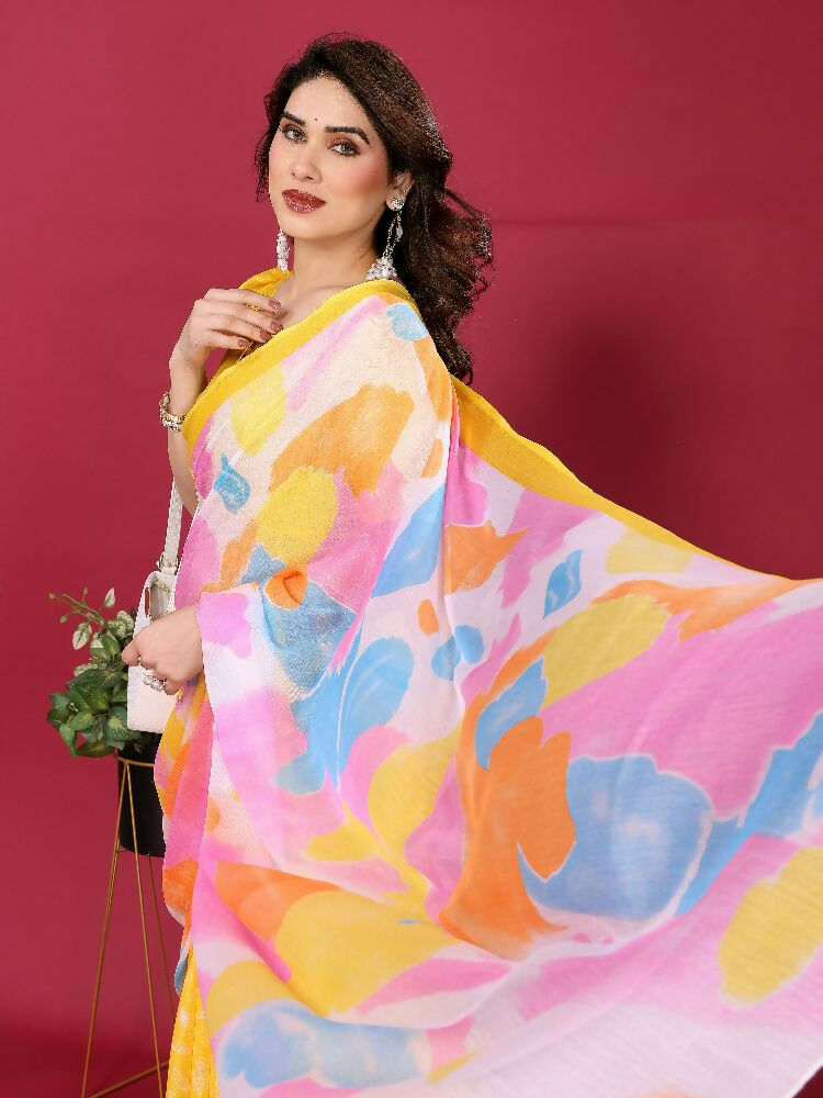 PR Fashion Yellow Moss Chiffon Printed Saree | Grocsy
