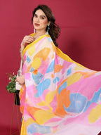 PR Fashion Yellow Moss Chiffon Printed Saree | Grocsy