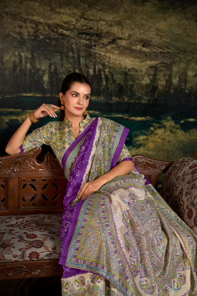 Vastranavya Purple Silk Madhubani & Bandhej Fusion Print Saree with Unstitched Blouse | Grocsy