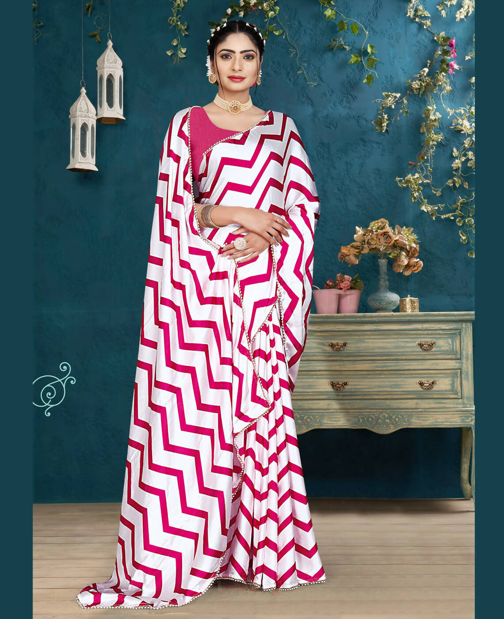 Pink Japan Satin Stripe Printed Saree With Unstitched Blouse Piece - Laavanya | Grocsy