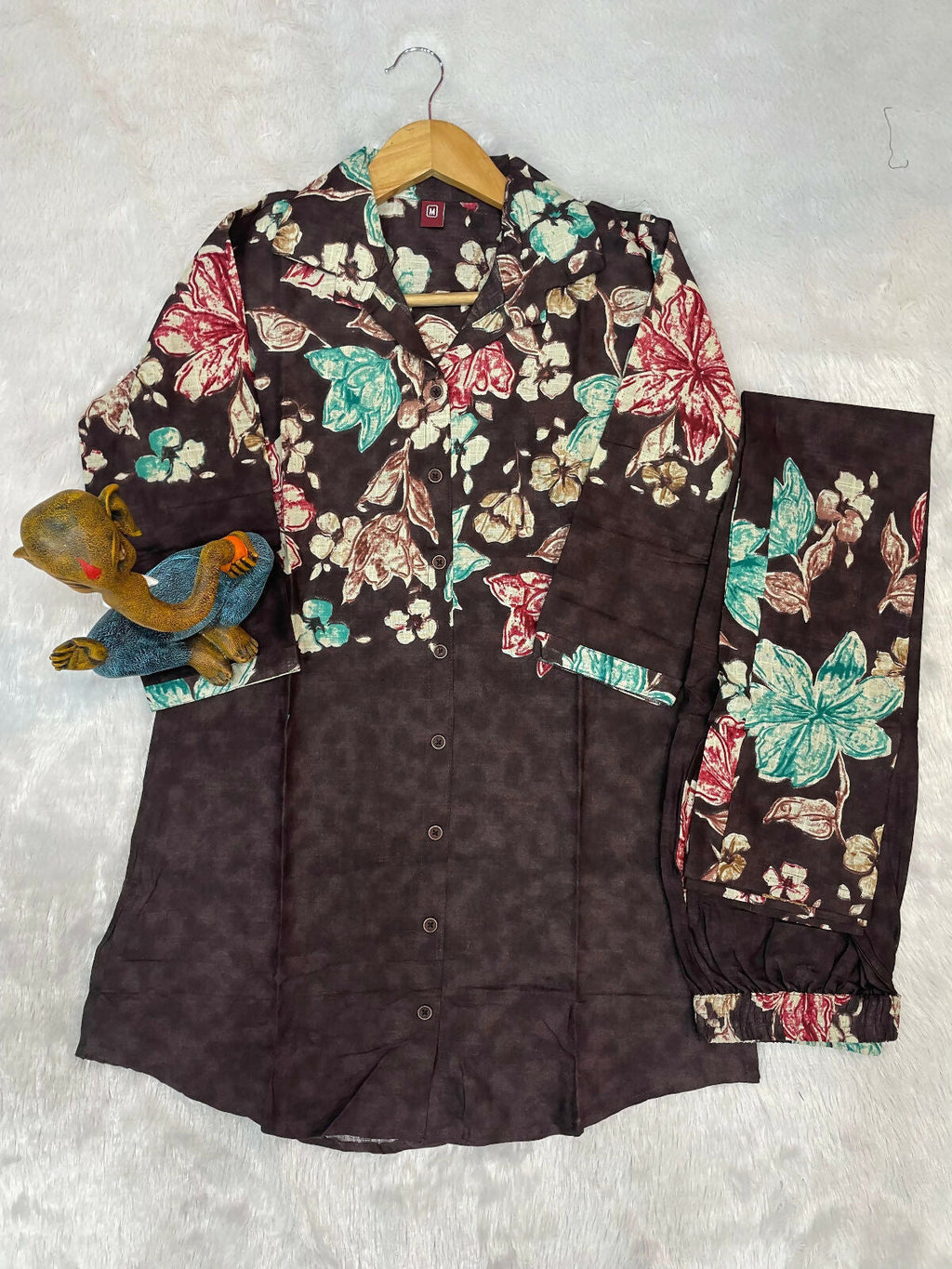 Teeya Creation Women Chocolate Brown Floral Printed Shirt And Trousers Co-Ord Set | Grocsy