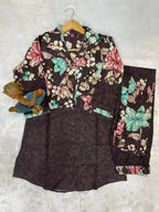 Teeya Creation Women Chocolate Brown Floral Printed Shirt And Trousers Co-Ord Set | Grocsy