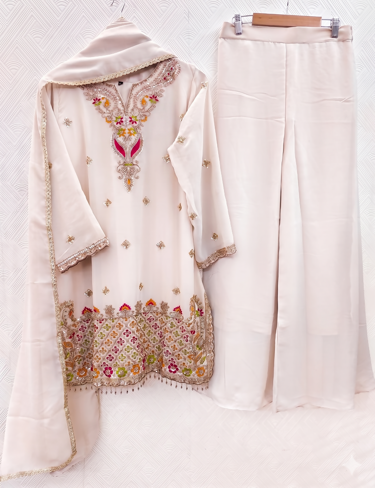 Teeya Creation Designer Baby Pink Festive Palazzo Suit Set with Heavy Embroidery | Grocsy