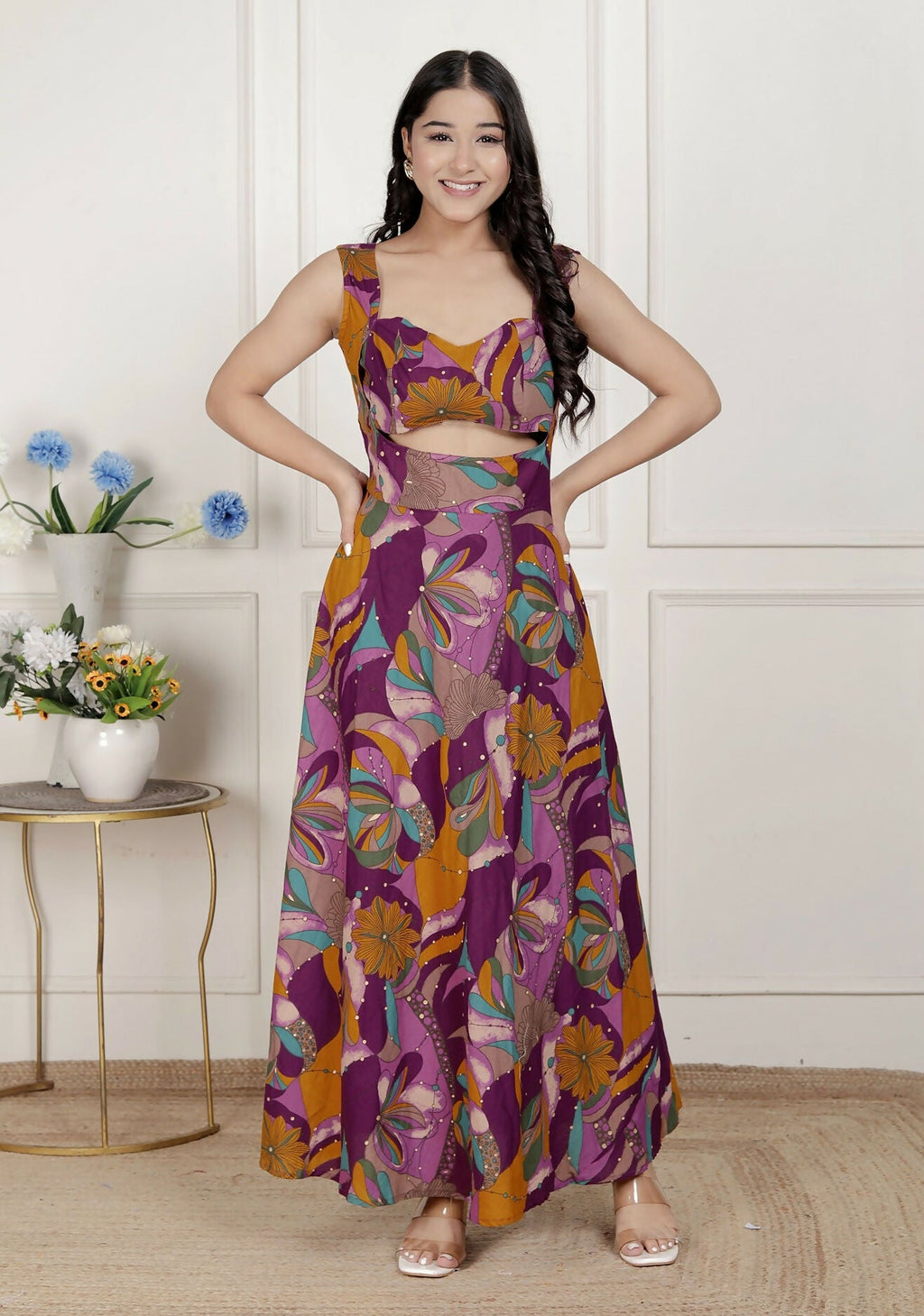 Miravan Womens Purple Pure Cotton Floral Printed Sleeveless Cut Out Western Dress | Grocsy