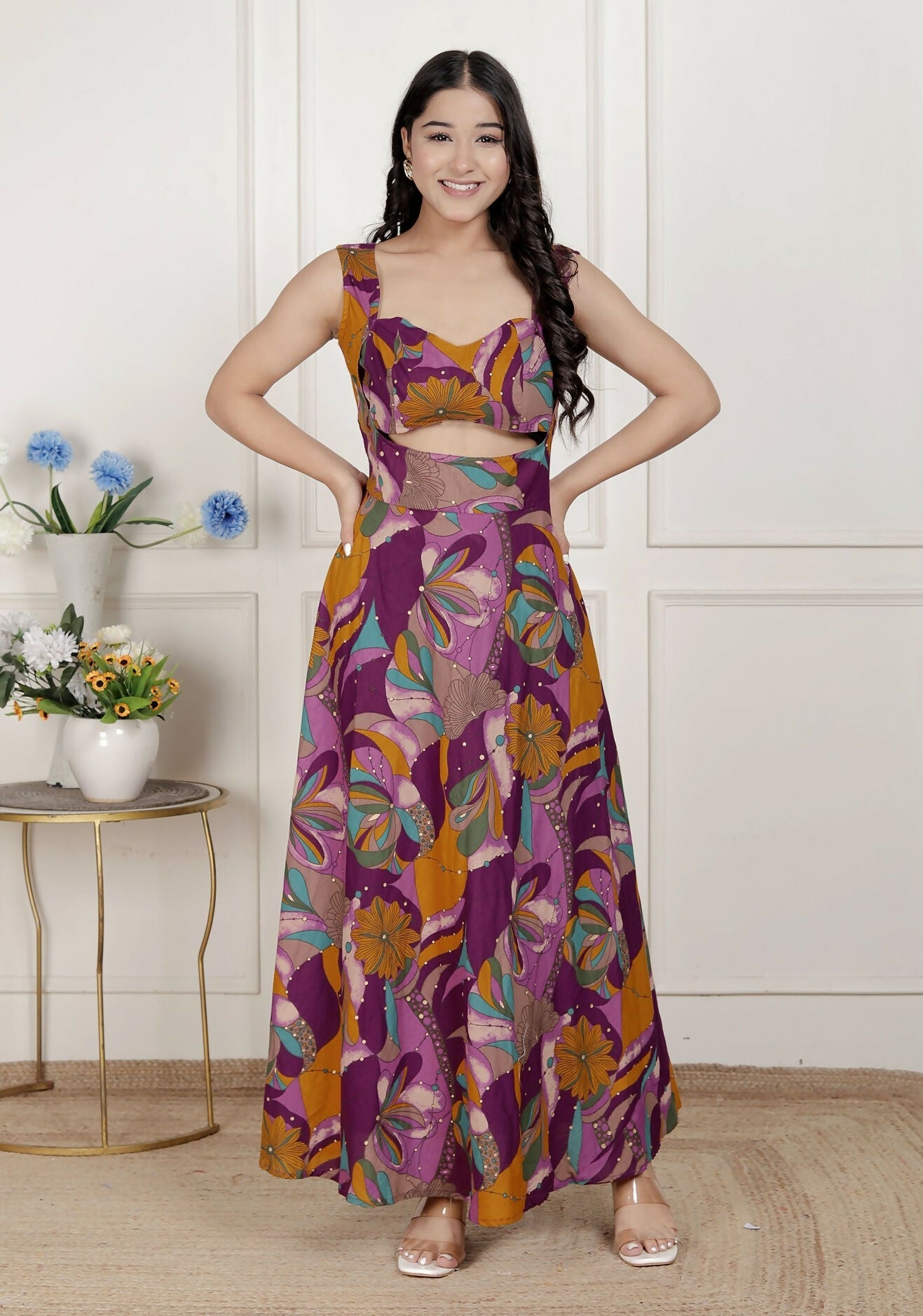 Miravan Womens Purple Pure Cotton Floral Printed Sleeveless Cut Out Western Dress | Grocsy