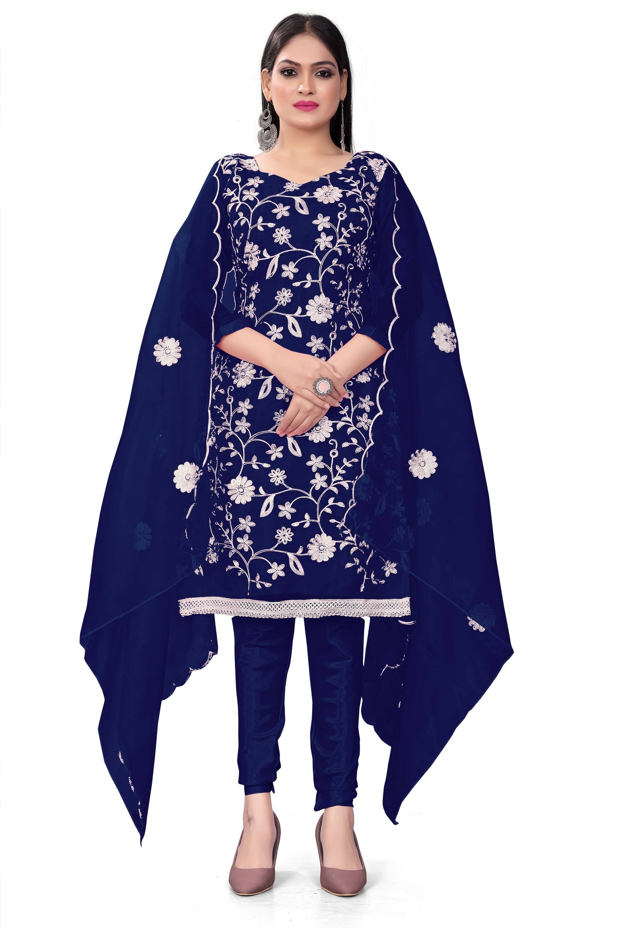 Blue Organza Silk Embroidered Work Unstitched Dress Material - Tanvi | Grocsy
