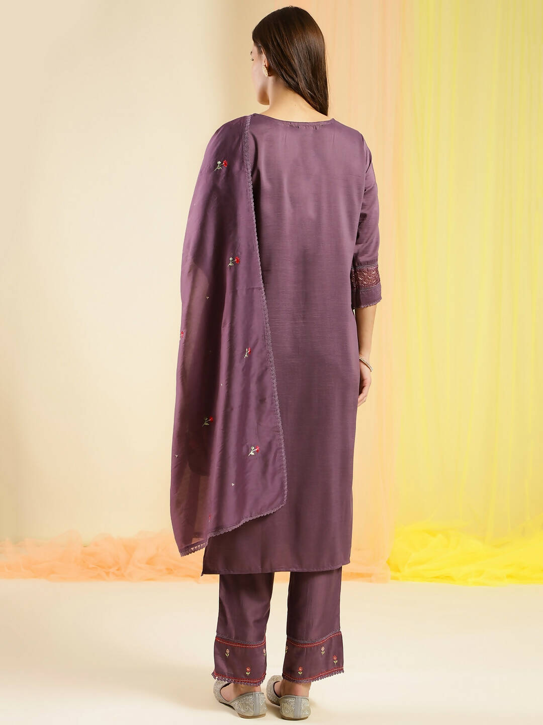 Purple Chinon Embroidered Straight Kurta with Trouser & Dupatta - Salimar | Grocsy