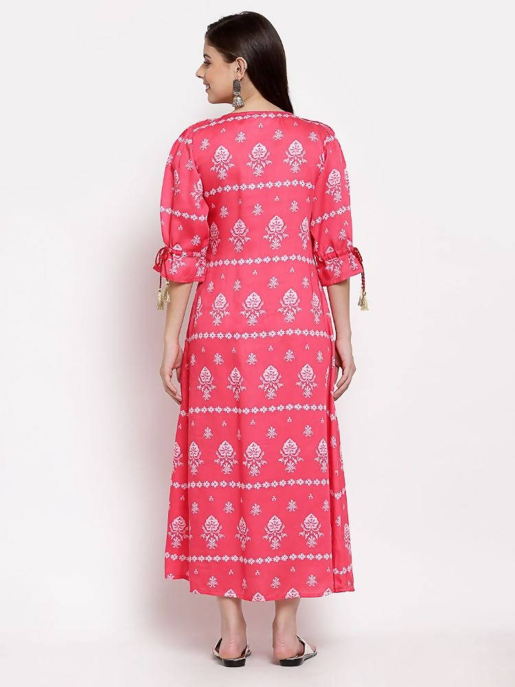 Myshka Women's Pink Cotton Printed 3/4 Sleeve Round Neck Casual Dress | Grocsy